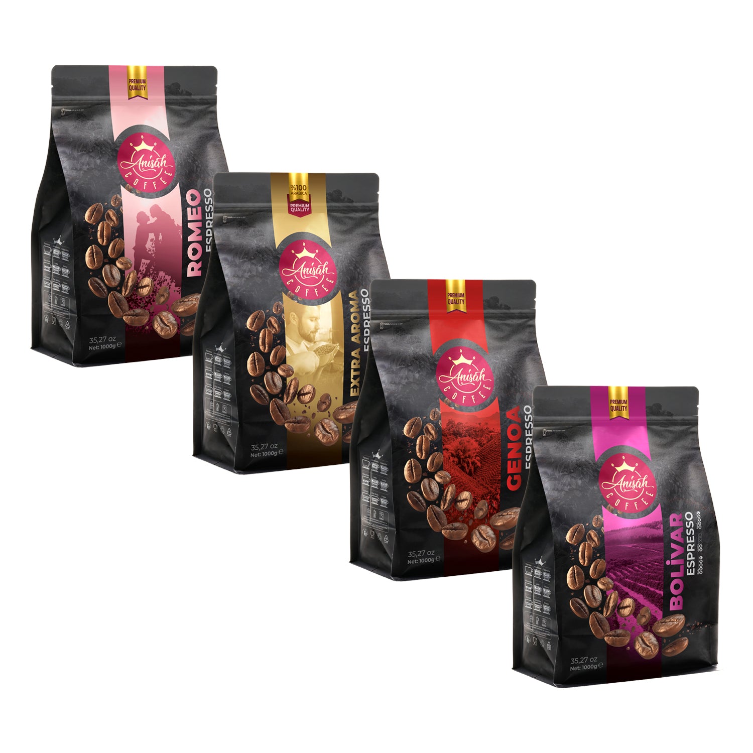 Premium Espresso Çekirdek Kahve Seti | 4x1000gr | Romeo, Extra Aroma, Genoa, Bolivar