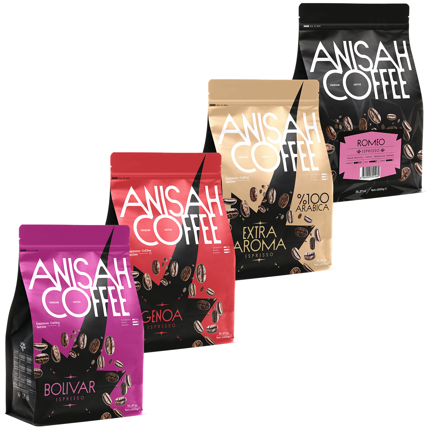 Premium Espresso Çekirdek Kahve Seti | 4x1000gr | Romeo, Extra Aroma, Genoa, Bolivar
