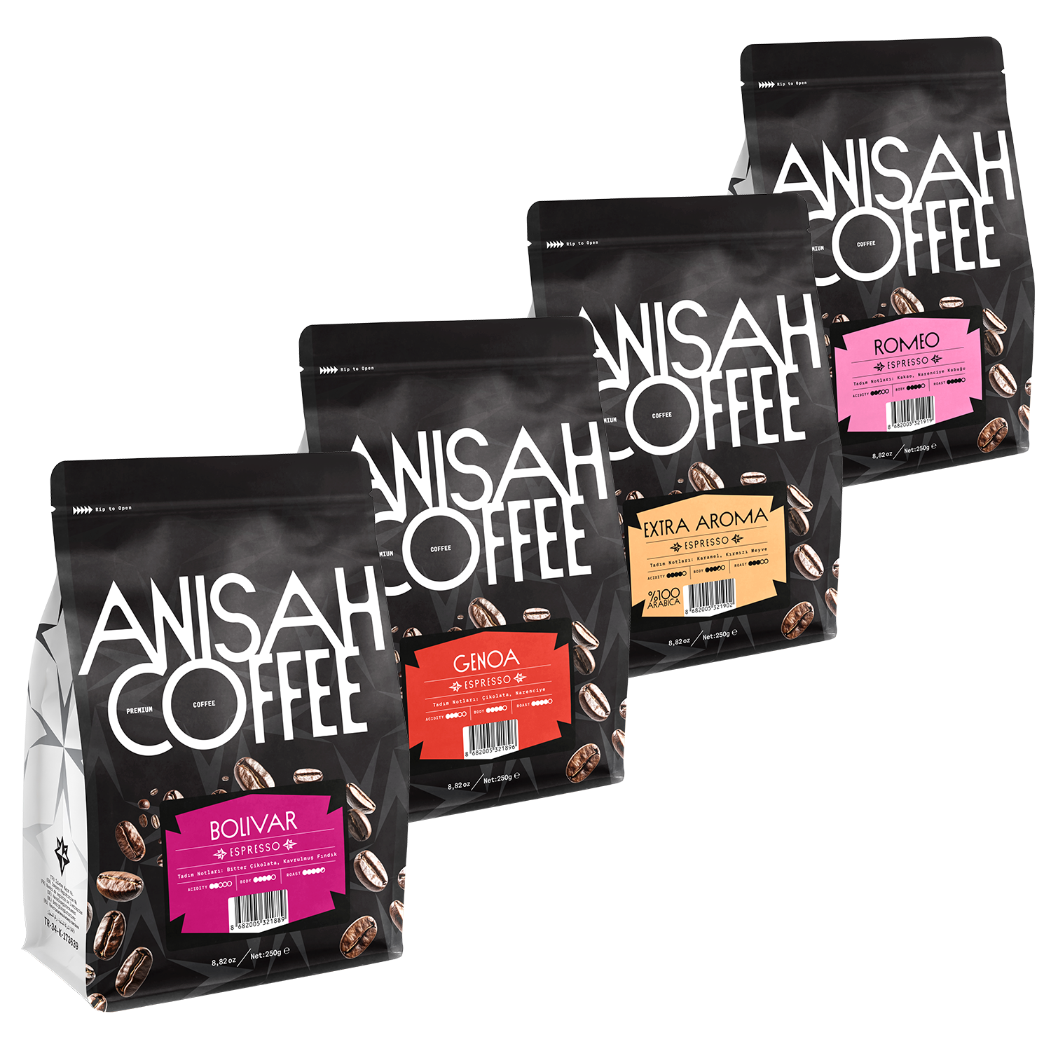 Premium Espresso Çekirdek Deneme Seti | 4x250gr | Bolivar, Genoa, Extra Aroma, Romeo