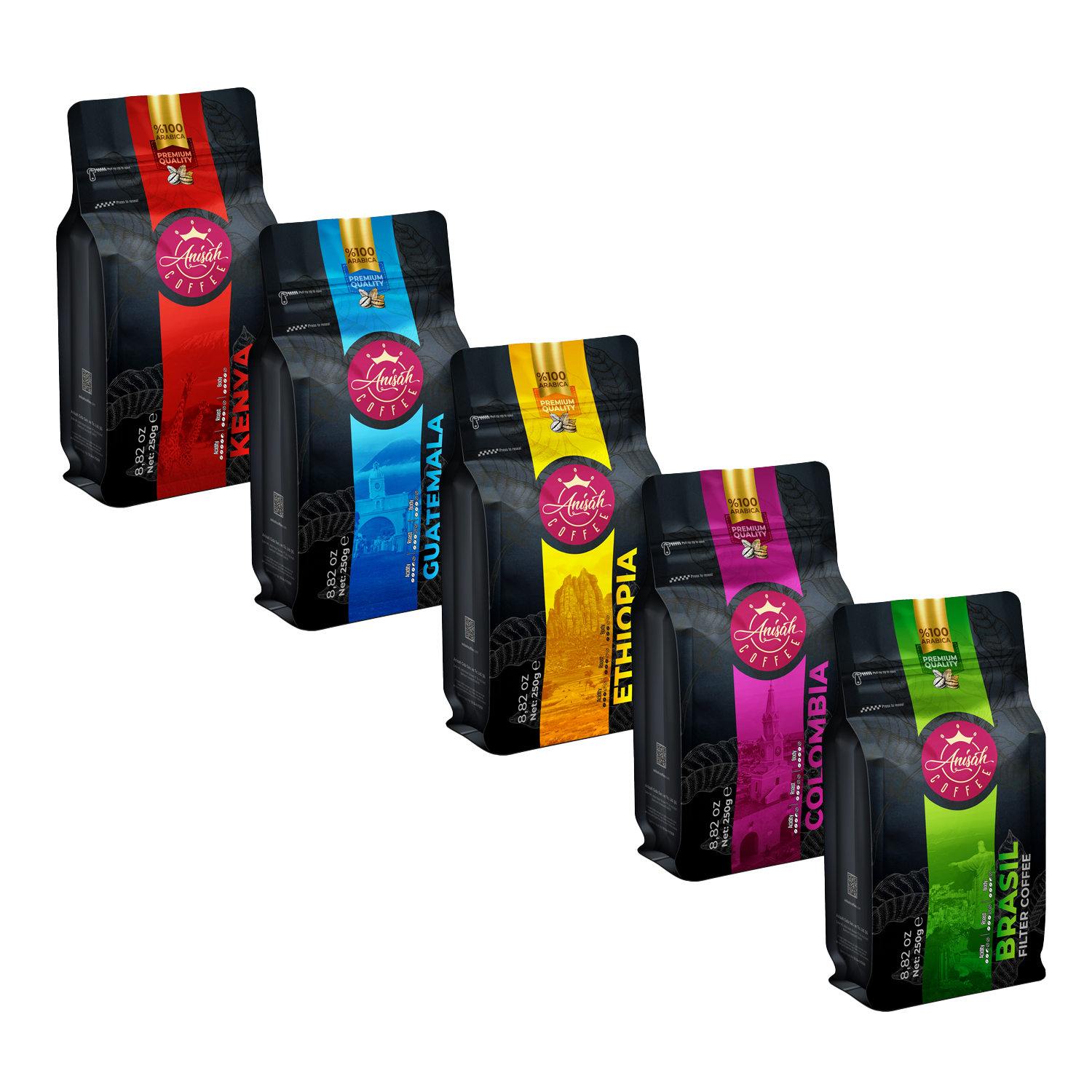 Dünya Filtre Kahveleri Tanışma Seti | 5x250gr | Kenya, Guatemala, Ethiopia, Colombia, Brasil