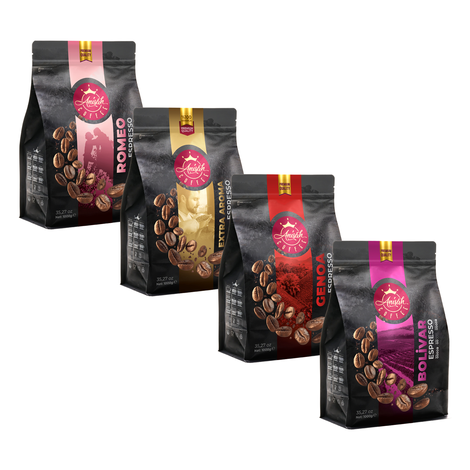 Premium Espresso Çekirdek Kahve Seti | 4x1000gr | Romeo, Extra Aroma, Genoa, Bolivar