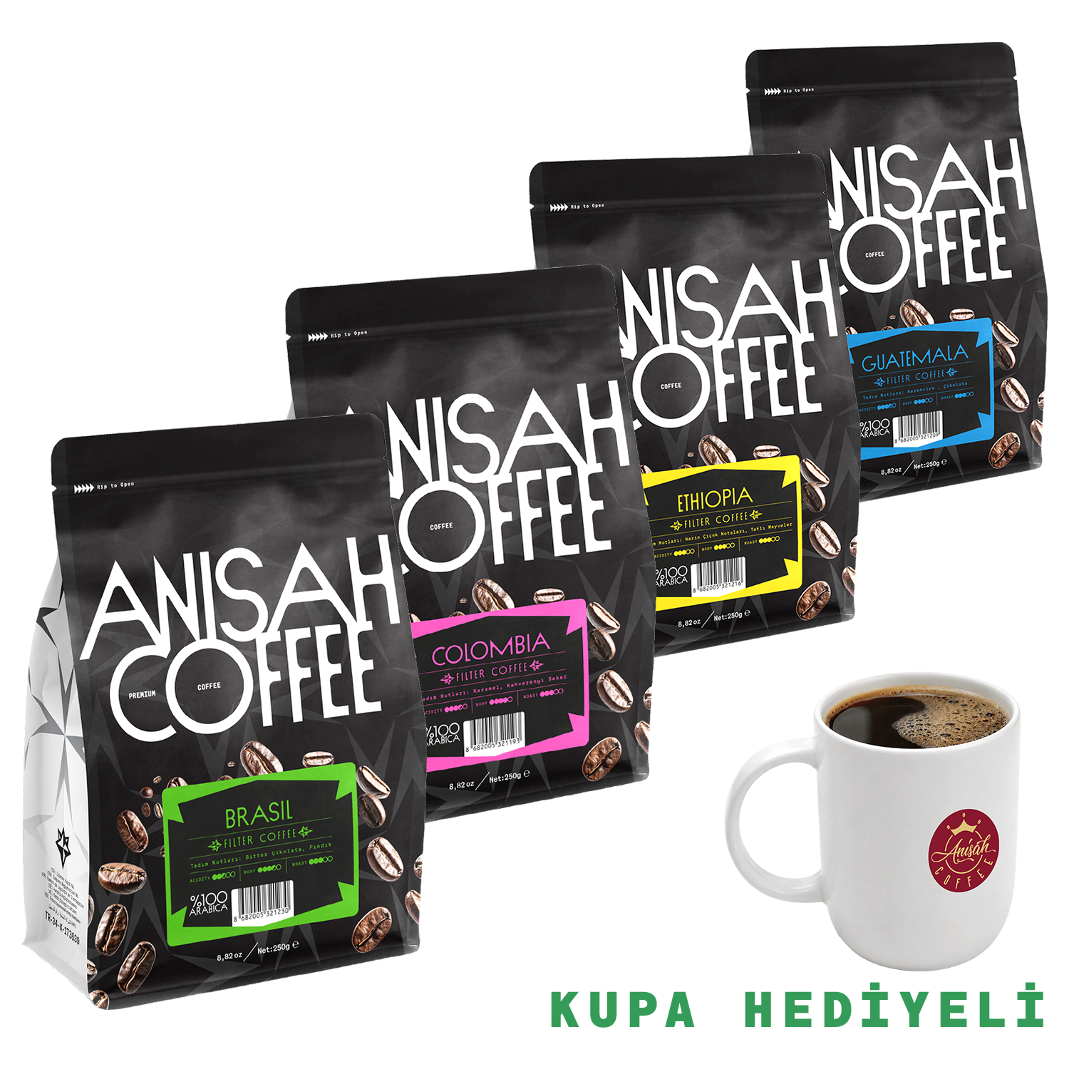 Kupa Hediyeli Filtre Kahve Seti | 4x250gr | Guatemala, Ethiopia, Colombia, Brasil