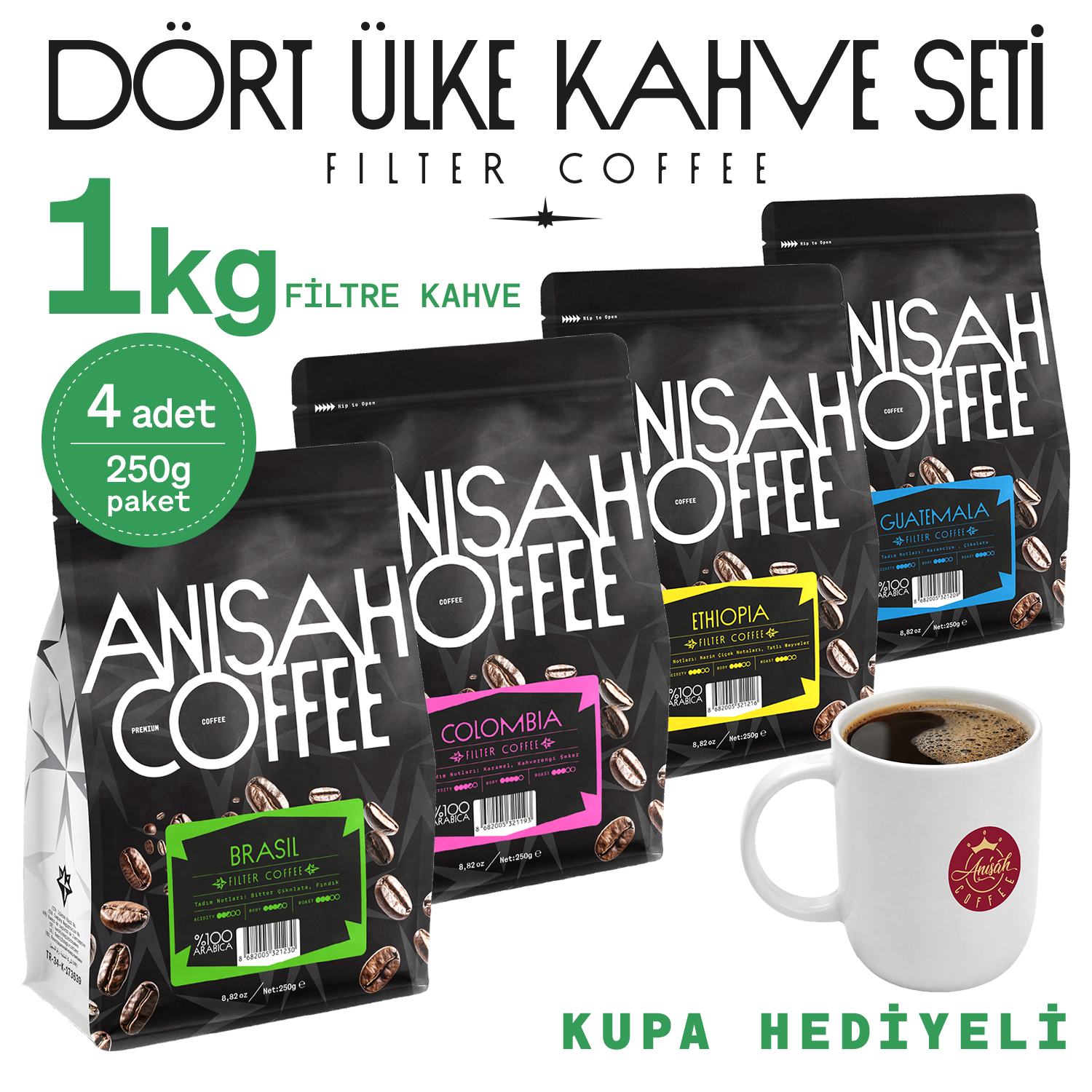 Kupa Hediyeli Filtre Kahve Seti | 4x250gr | Guatemala, Ethiopia, Colombia, Brasil