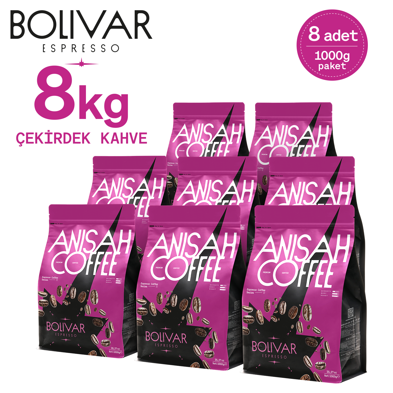 Anisah Coffee Bolivar Espresso Çekirdek Kahve | 8x1000gr | Blend Kahve
